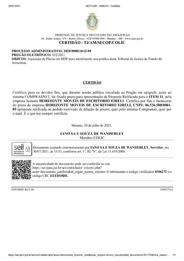 PREGÃO ELETRÔNICO Nº 032/2021 - CERTIDÃO DECURSO DE PRAZO ITEM 11 - HORIZONTE