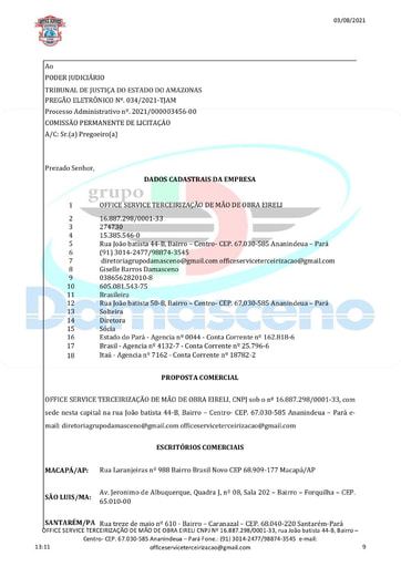 PREGÃO ELETRÔNICO Nº 034/2021 - PROPOSTA  - OFFICE SERVICE