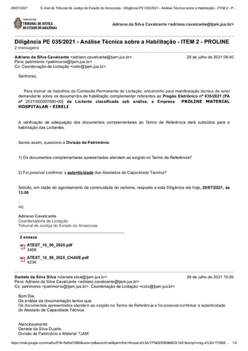 PREGÃO ELETRÔNICO Nº 035/2021 - DILIGÊNCIA - HABILITAÇÃO ITEM 2 - DOCUMENTOS COMPLEMENTARES - PROLINE
