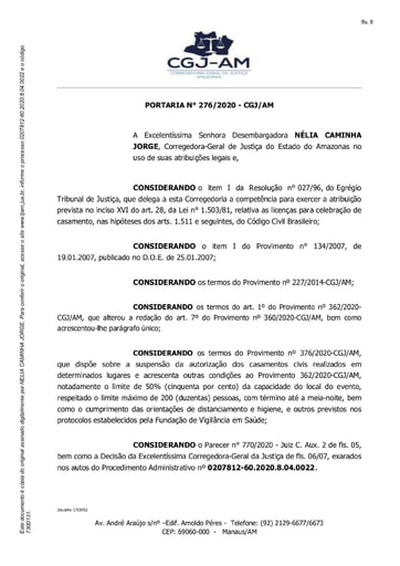 Portaria nº 276/2020-CGJ/AM (Autoriza a Ilma. Sra. Juíza de Paz Dra. DÉBORA KATELEN HORTA DE AQUINO a realizar o casamento de MARCELO MENDONÇA DA SILVA e KELLY CRISTINA PEREIRA DE MORAIS, no dia 28/11/2020)