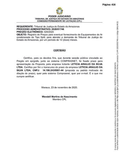 PREGÃO ELETRÔNICO Nº 026/2020 - CERTIDÃO DECURSO DE PRAZO - LETICIA ARAUJO