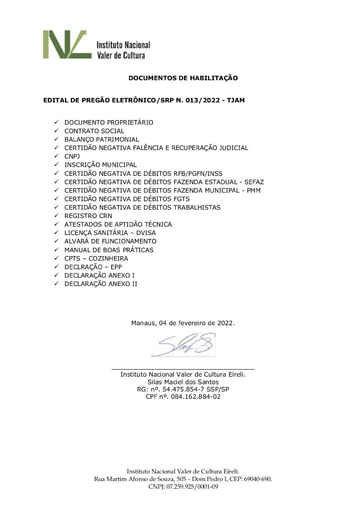 PREGÃO ELETRÔNICO Nº 013/2022 - HABILITAÇÃO - DOCUMENTOS COMPLEMENTARES - INSTITUTO NACIONAL VALER