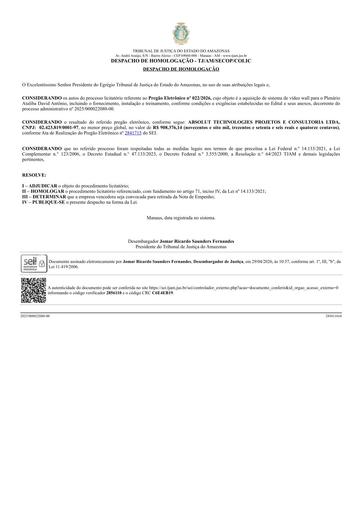 DESPACHO DE HOMOLOGAÇÃO DO CONTRATO ADMINISTRATIVO Nº 027/2026 - FUNJEAM X ABSOLUT TECHNOLOGIES PROJETOS E CONSULTORIA LTDA