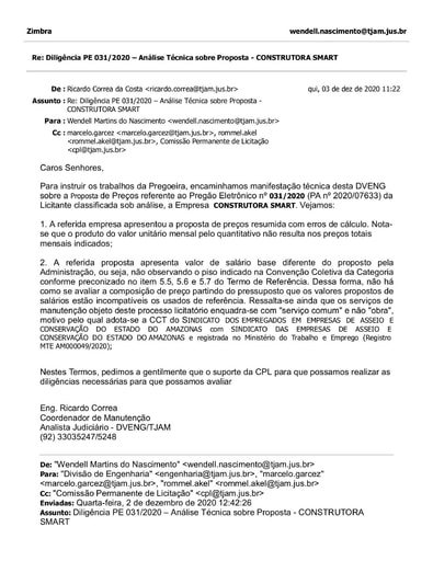 PREGÃO ELETRÔNICO Nº 031/2020 - DILIGÊNCIA CPL À DIVISÃO DE ENGENHARIA - PROPOSTA - CONSTRUTORA SMART