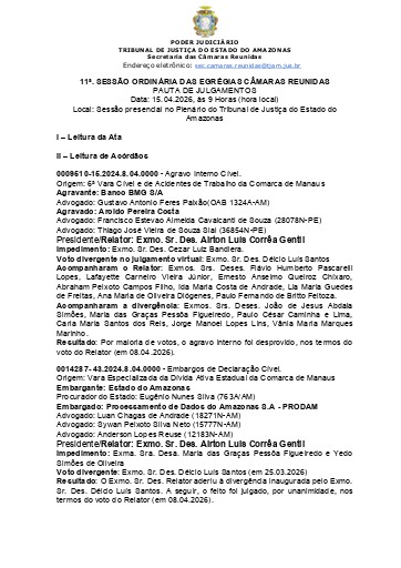 11ª Sessão Ordinária de Julgamento das E. Câmaras Reunidas - 15.04.2026, às 9:00 (hora local)