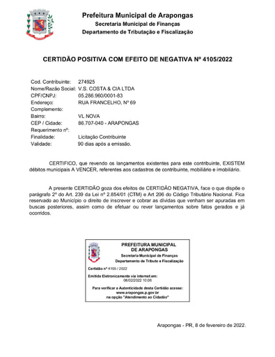 PREGÃO ELETRÔNICO Nº 004/2022 - DOCUMENTOS ENVIADOS EM DILIGÊNCIA - ITEM 3 - VS COSTA