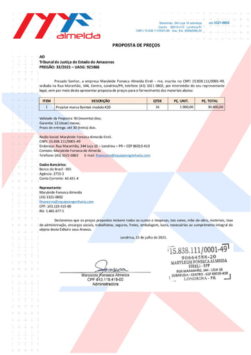 PREGÃO ELETRÔNICO Nº 033/2021 - PROPOSTA - MARYLEIDE