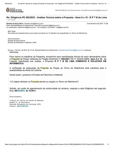 PREGÃO ELETRÔNICO Nº 002/2021 – DILIGÊNCIA CPL À DIVISÃO DE PATRIMÔNIO E MATERIAL - PROPOSTA - ITENS 8 E 10 - R P T B DE LIMA