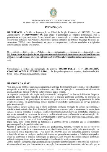 PREGÃO ELETRÔNICO Nº 043/2026 - RESPOSTA AO PEDIDO DE IMPUGNÇÃO - TOURO FOLIA - T. F. ASSESSORIA, COMUNICAÇÕES E EVENTOS LTDA
