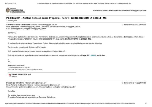 PREGÃO ELETRÔNICO Nº 49/2021 - DILIGÊNCIA COLIC À DIVISÃO DE PATRIMÔNIO - PROPOSTA ITEM 1 - GEINE