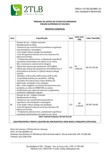 PREGÃO ELETRÔNICO Nº 015/2021 - PROPOSTA - ITEM 2 - 2TLB