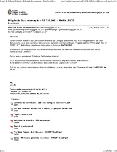 PREGÃO ELETRÔNICO Nº 033/2021 - DILIGÊNCIA CPL À DIVISÃO DE PATRIMÔNIO - HABILITAÇÃO - MARYLEIDE