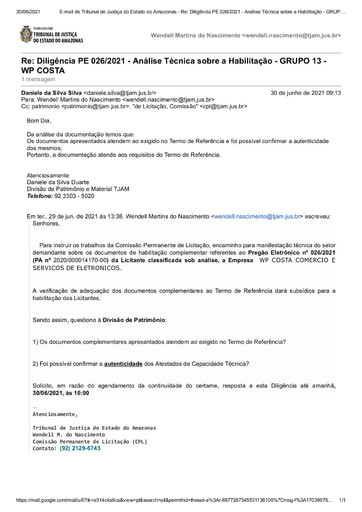 PREGÃO ELETRÔNICO Nº 026/2021 - DILIGÊNCIA CPL À DIVISÃO DE PATRIMÔNIO - DOCUMENTAÇÃO - GRUPO 13 - WP COSTA