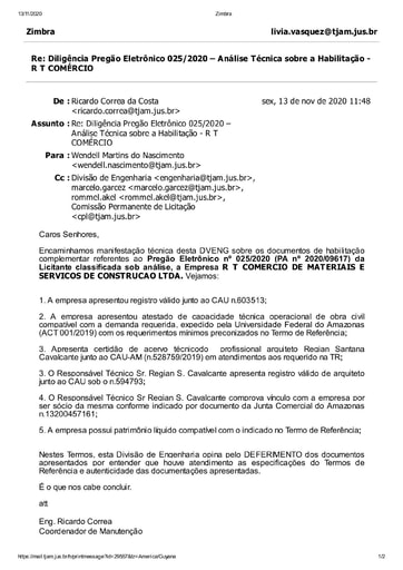 PREGÃO ELETRÔNICO Nº 025/2020 - DILIGÊNCIA CPL À DIVISÃO DE ENGENHARIA - DOCUMENTAÇÃO - R T COMERCIO