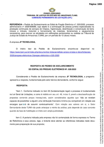 PREGÃO ELETRÔNICO Nº 020/2020 - RESPOSTA AO PEDIDO DE ESCLARECIMENTO - JF TECNOLOGIA