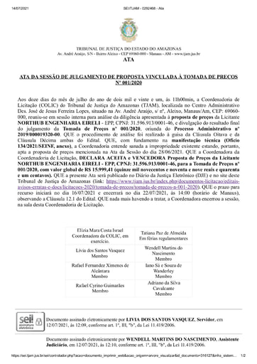 TOMADA DE PREÇOS Nº 001/2020 - ATA DA SESSÃO - DECLARAÇÃO VENCEDORA