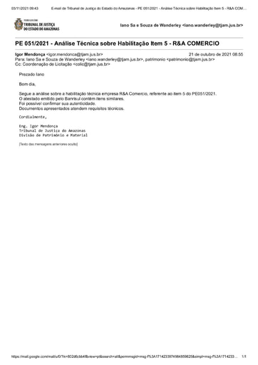 PREGÃO ELETRÔNICO Nº 51/2021 - E-MAIL DILIGÊNCIA - HABILITAÇÃO - R&A COMERCIO - ITEM 5