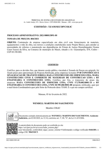 TOMADA DE PREÇOS Nº 004/2021 - CERTIDÃO