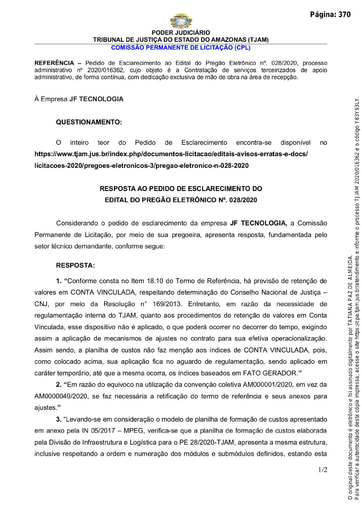 PREGÃO ELETRÔNICO Nº 028/2020 - RESPOSTA AO PEDIDO DE ESCLARECIMENTO - JF TECNOLOGIA