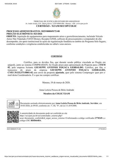 PREGÃO ELETRÔNICO Nº 023/2026 - CERTIDÃO DE DECURSO DE PRAZO - GIUSEPPE ANTONIO FOGACA GERBALDO - ITEM 2