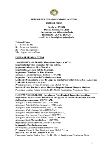 Pauta do Tribunal Pleno de 20 07 2021