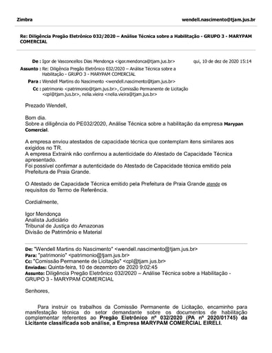 PREGÃO ELETRÔNICO Nº 032/2020 - DILIGÊNCIA CPL À DIVISÃO DE PATRIMÔNIO - DOCUMENTAÇÃO - G3 - MARYPAM COMERCIAL