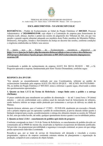PREGÃO ELETRÔNICO Nº 005/2025 - RESPOSTA AO PEDIDO DE ESCLARECIMENTO - ALICE DA SILVA DUQUE – ME