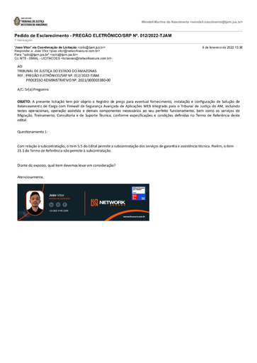 PREGÃO ELETRÔNICO Nº 012/2022 - PEDIDO DE ESCLARECIMENTO - NETWORK