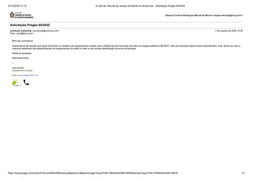 PREGÃO ELETRÔNICO Nº 069/2022 - PEDIDO DE ESCLARECIMENTO - LUMICOM COMERCIAL