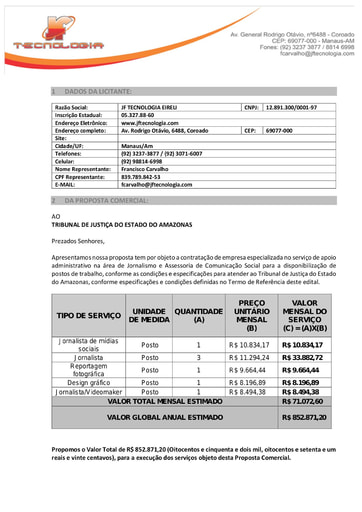 PREGÃO ELETRÔNICO Nº 007/2021 – PROPOSTA - JF TECNOLOGIA