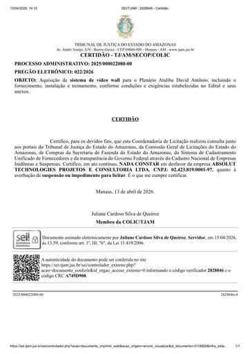 PREGÃO ELETRÔNICO Nº 022/2026 - CERTIDÃO NADA CONSTA - ABSOLUT TECHNOLOGIES PROJETOS E CONSULTORIA LTDA