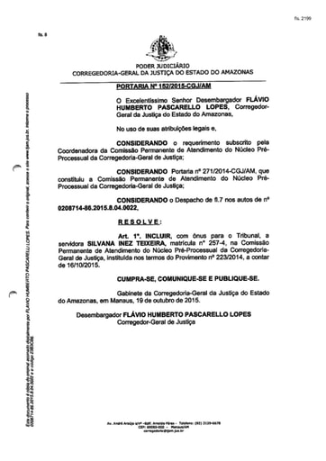 Portaria nº152/2015-CGJ/AM (Inclui a servidora Silvana Inez Teixeira na Comissão Permanente de Atendimento do Núcleo Pré-Processual da CGJ/AM)