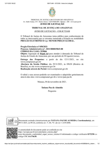 PREGÃO ELETRÔNICO Nº 58/2021 - AVISO DE LICITAÇÃO