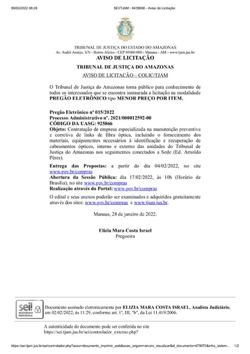 PREGÃO ELETRÔNICO Nº 015/2022 - AVISO DE LICITAÇÃO