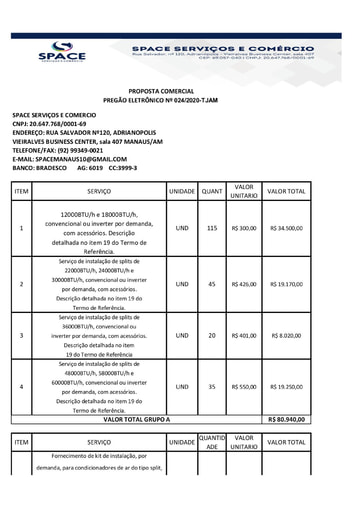 PREGÃO ELETRÔNICO Nº 024/2020 - PROPOSTA RETIFICADA - SPACE