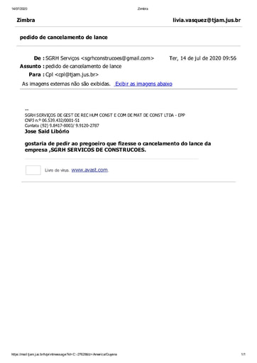PREGÃO ELETRÔNICO Nº 014/2020 - E-MAIL SGRH