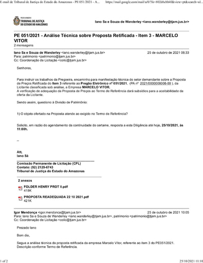 PREGÃO ELETRÔNICO Nº 51/2021 - E-MAIL DILIGÊNCIA - PROPOSTA RETIFICADA - ITEM 3 - MARCELO VITOR