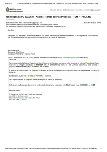 PREGÃO ELETRÔNICO Nº 002/2021 – DILIGÊNCIA CPL À DIVISÃO DE PATRIMÔNIO E MATERIAL - PROPOSTA  -  ITEM 7 - PROLINE