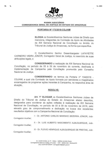 Portaria nº173/2018-CGJ/AM (Elogiar os Exmos. Juízes designados para coordenar as ações da XIII Semana Nacional de Conciliação)