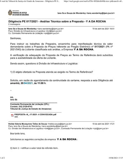 PREGÃO ELETRÔNICO Nº 017/2021 - DILIGÊNCIA CPL À DIVISÃO DE INFRAESTRUTURA E LOGÍSTICA - PROPOSTA - Y A DA ROCHA