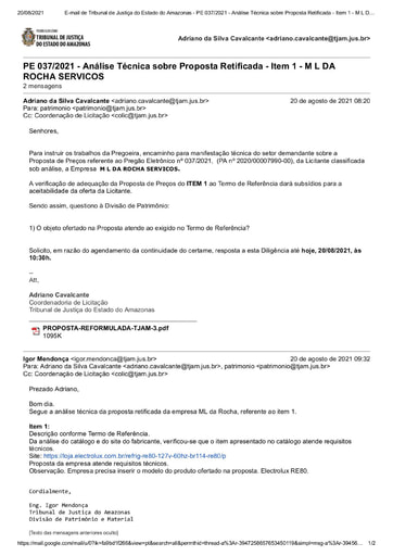 PREGÃO ELETRÔNICO Nº 037/2021 – DILIGÊNCIA CPL À DIVISÃO DE PATRIMÔNIO - PROPOSTA RETIFICADA - ITEM 1 - ML DA ROCHA