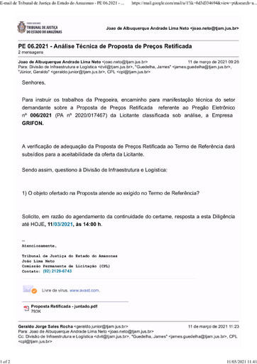 PREGÃO ELETRÔNICO Nº 006/2021 – DILIGÊNCIA CPL À DIVISÃO DE INFRAESTRUTURA E LOGÍSTICA - PROPOSTA  RETIFICADA - GRIFON