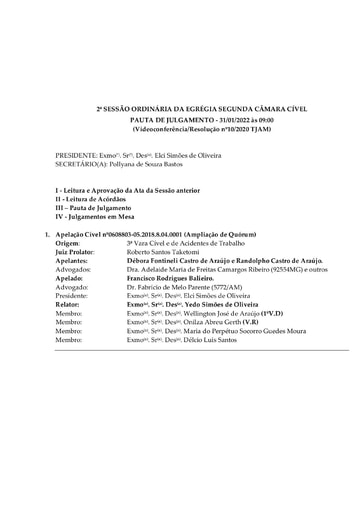 Pauta de Julgamento da Sessão Ordinária da Egrégia Segunda Câmara Cível - 31.01.2022 (videoconferência)