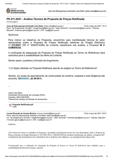 PREGÃO ELETRÔNICO Nº 011/2021 - DILIGÊNCIA CPL À DIVISÃO DE ENGENHARIA - PROPOSTA RETIFICADA - M V COMÉRCIO