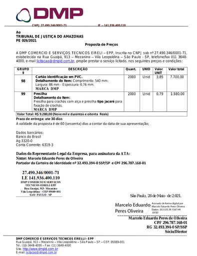 PREGÃO ELETRÔNICO Nº 026/2021 - PROPOSTA - GRUPO 09 - DMP COMÉRCIO