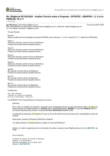 PREGÃO ELETRÔNICO Nº 023/2021 – DILIGÊNCIA CPL À DIVISÃO DE PATRIMÔNIO - PROPOSTA - OPTATEC - GRUPOS 1, 3, 5, 8 e ITENS 69, 70 e 71