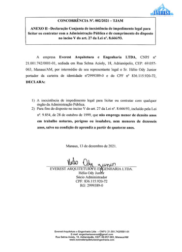 CONCORRÊNCIA Nº 002/2021 - DECLARAÇÕES - EVEREST