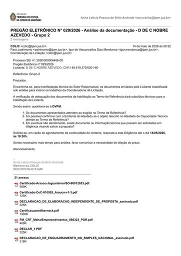 PREGÃO ELETRÔNICO Nº 029/2026 - DILIGÊNCIA COLIC À DVPM - DOCUMENTAÇÃO - D DE C NOBRE AZEVEDO - GRUPO 2