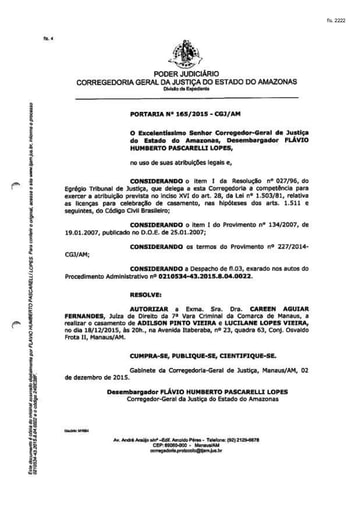 Portaria nº165/2015-CGJ/AM (Autoriza a Dra. Careen Aguiar Fernandes a realizar o casamento no dia 18/12/2015)