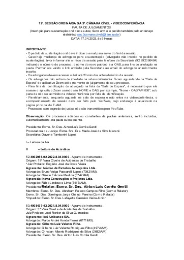 12a Sessão Ordinária da Terceira Câmara Cível - VIA VIDEOCONFERÊNCIA - Data: 17.04.2023 Hora: 09:00 Horas